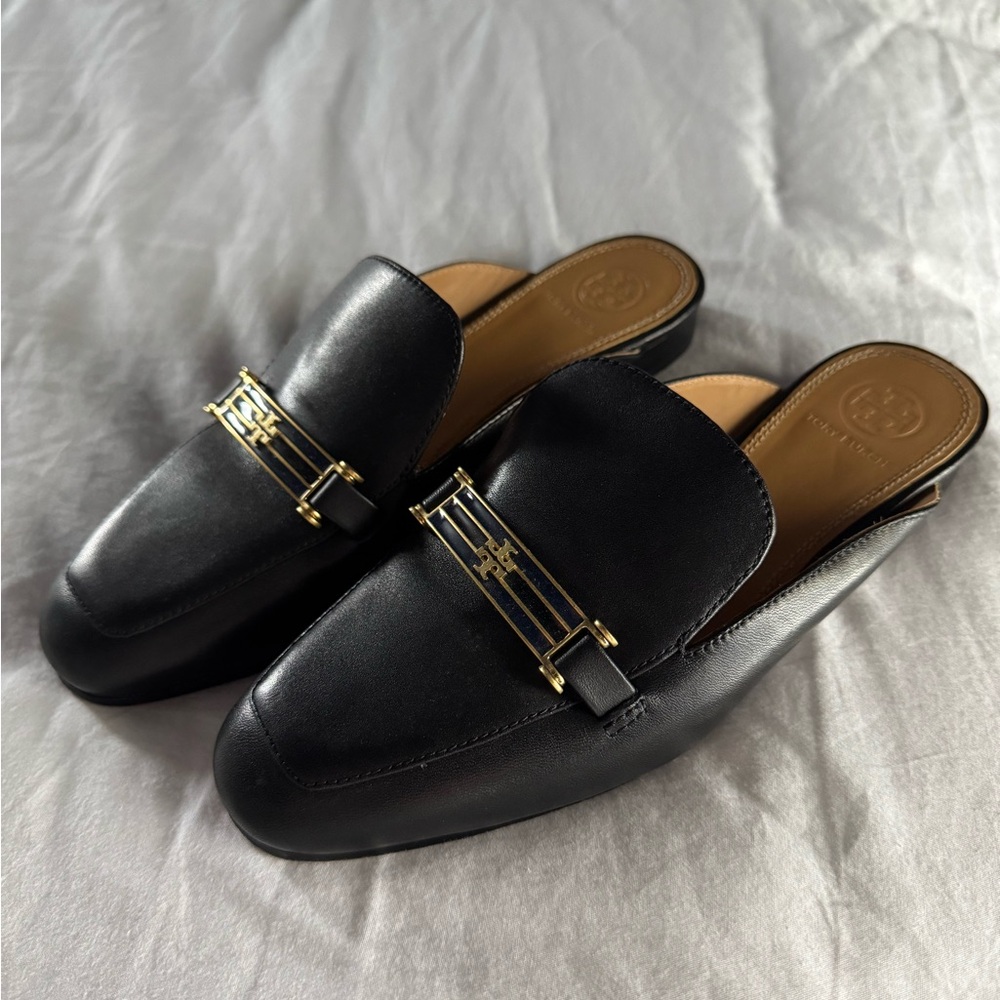 Tory Burch Black Leather Slip-On Loafers with Gold/Blue Accent